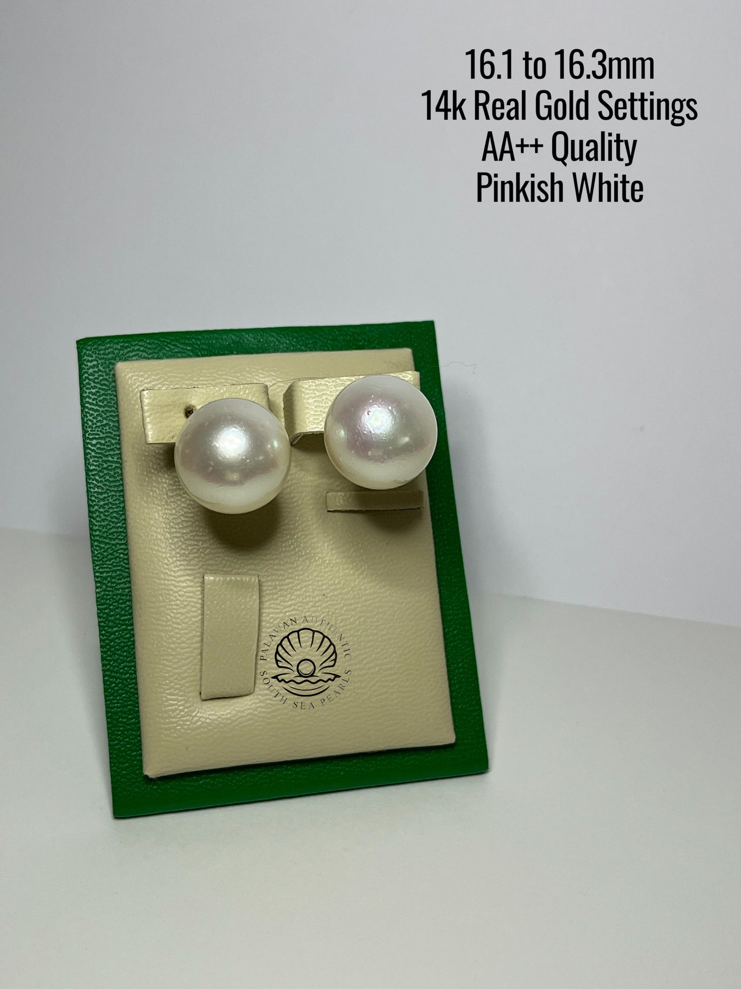 16.1 to 16.3mm Palawan Authentic Pinkish White Color South Sea Pearl Earrings in 14k Real Gold Settings