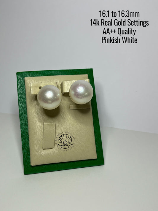 16.1 to 16.3mm Palawan Authentic Pinkish White Color South Sea Pearl Earrings in 14k Real Gold Settings