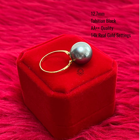 12.7mm Palawan Authentic Tahitian Black Color South Sea Pearl Ring in 14k Real Gold Settings