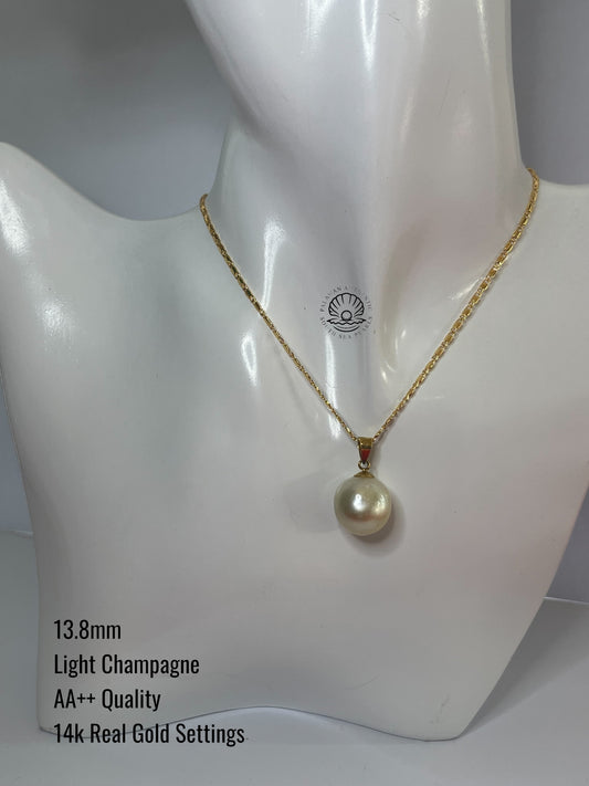 13.8mm Palawan Authentic Light Champagne Color South Sea Pearl Pendant in 14k Real Gold Settings
