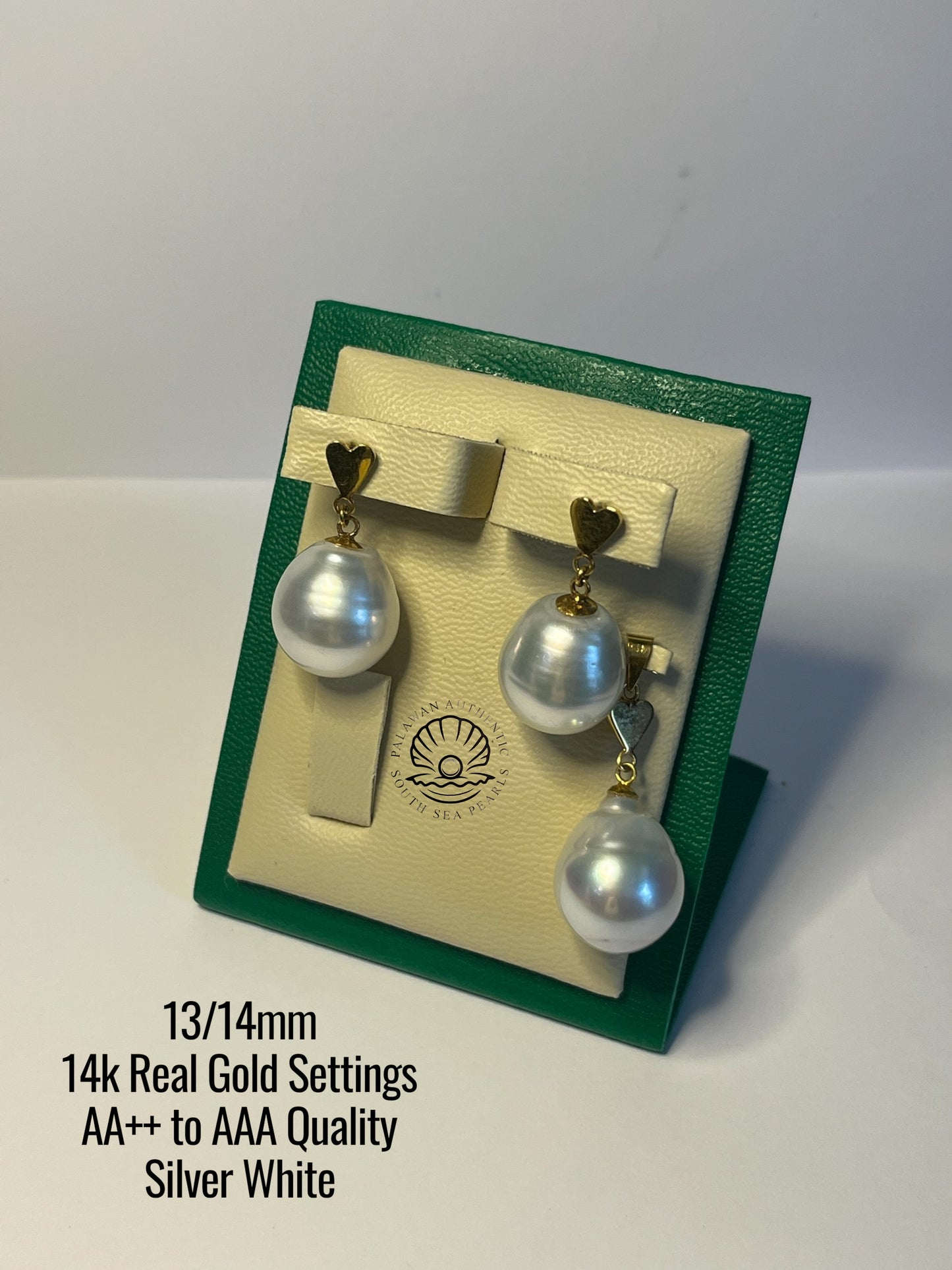 12/14mm Palawan Authentic Silver White Color South Sea Pearl Sets in 14k Real Gold Settings