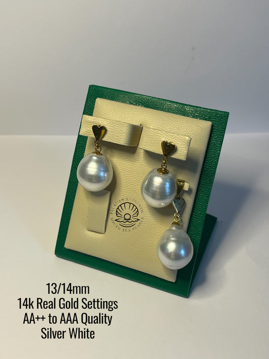 12/14mm Palawan Authentic Silver White Color South Sea Pearl Sets in 14k Real Gold Settings