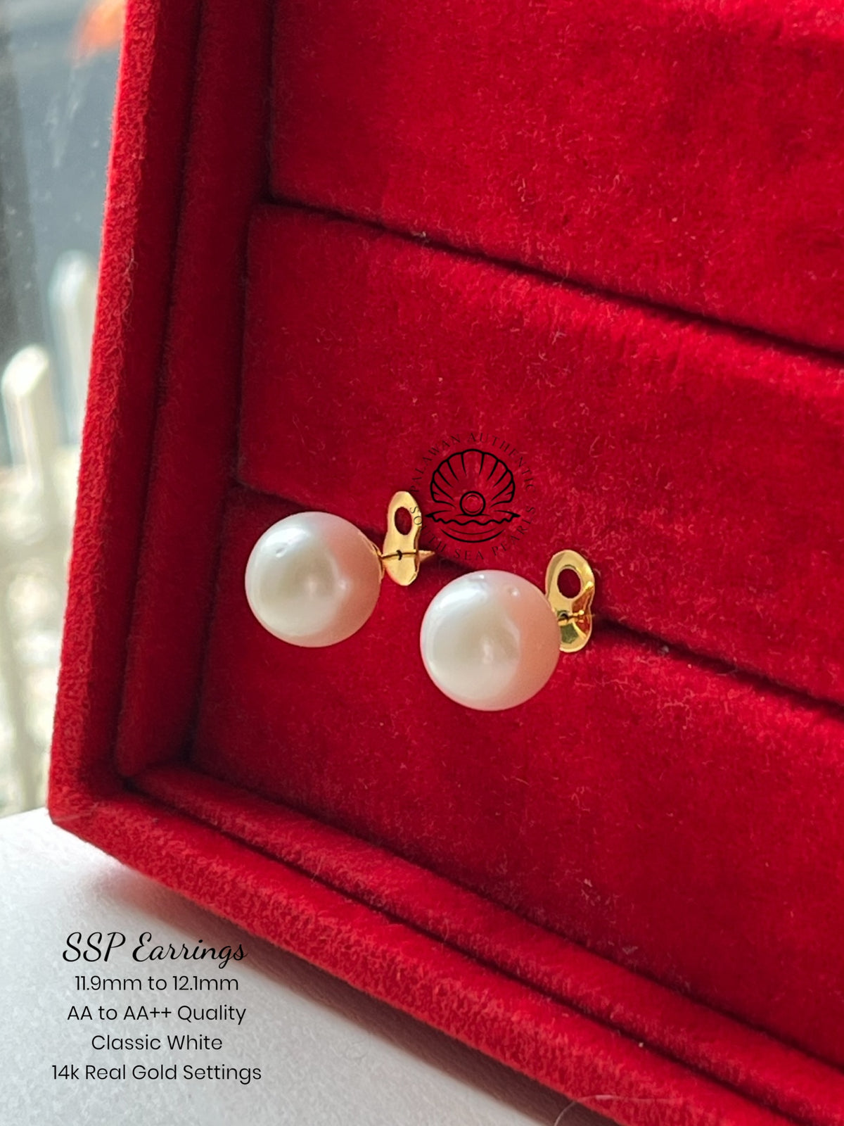 11.9mm to 12.1mm Palawan Authentic Clasic White Color South Sea Pearl Earrings in 14k Real Gold Settings