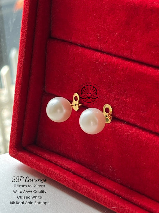 11.9mm to 12.1mm Palawan Authentic Clasic White Color South Sea Pearl Earrings in 14k Real Gold Settings