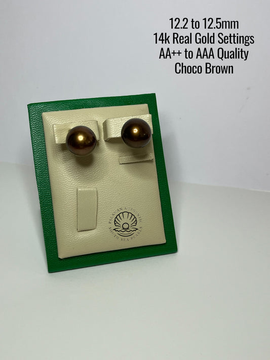 12.2 to 12.5mm Palawan Authentic Choco Brown Color South Sea Pearl Earrings in 14k Real Gold Settings