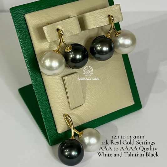 12.1 to 14.3mm Palawan Authentic White and Tahitian Black Color South Sea Pearl Sets in 14k Real Gold Settings