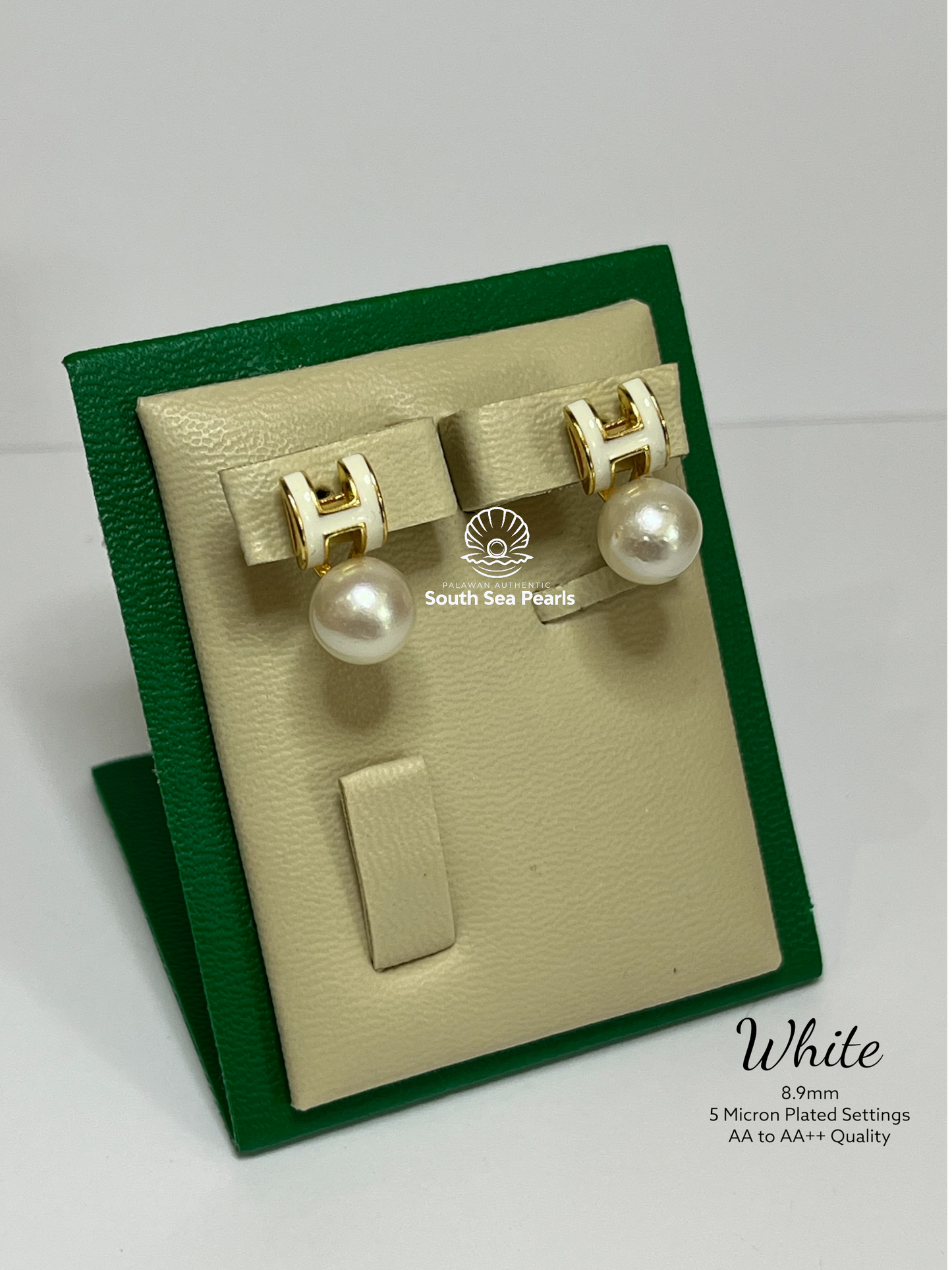 8.9mm Palawan Authentic White Color South Sea Pearl Earrings in 5 Micron Plated Settings
