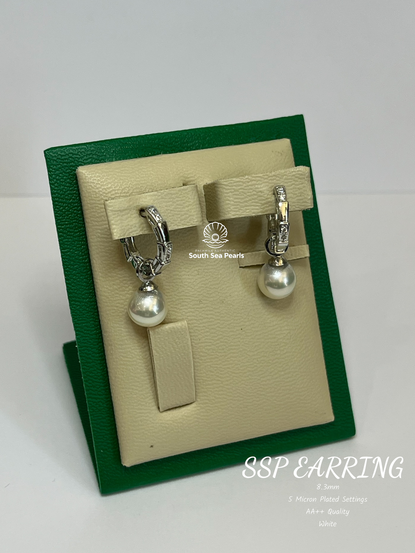 8.3mm Palawan Authentic White Color South Sea Pearl Earrings in 5 Micron Plated Settings