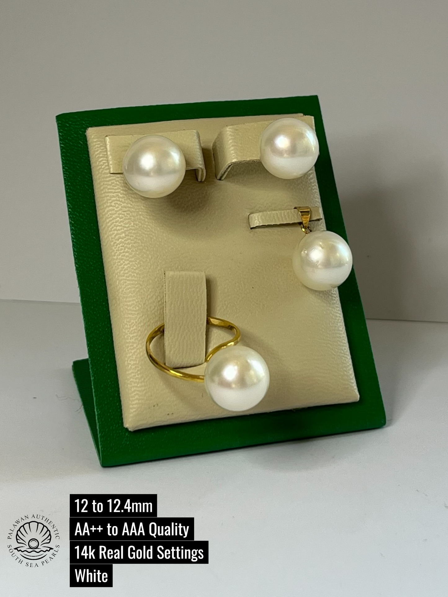 12 to 12.4mm Palawan Authentic White Color South Sea Pearl Sets in 14k Real Gold Settings