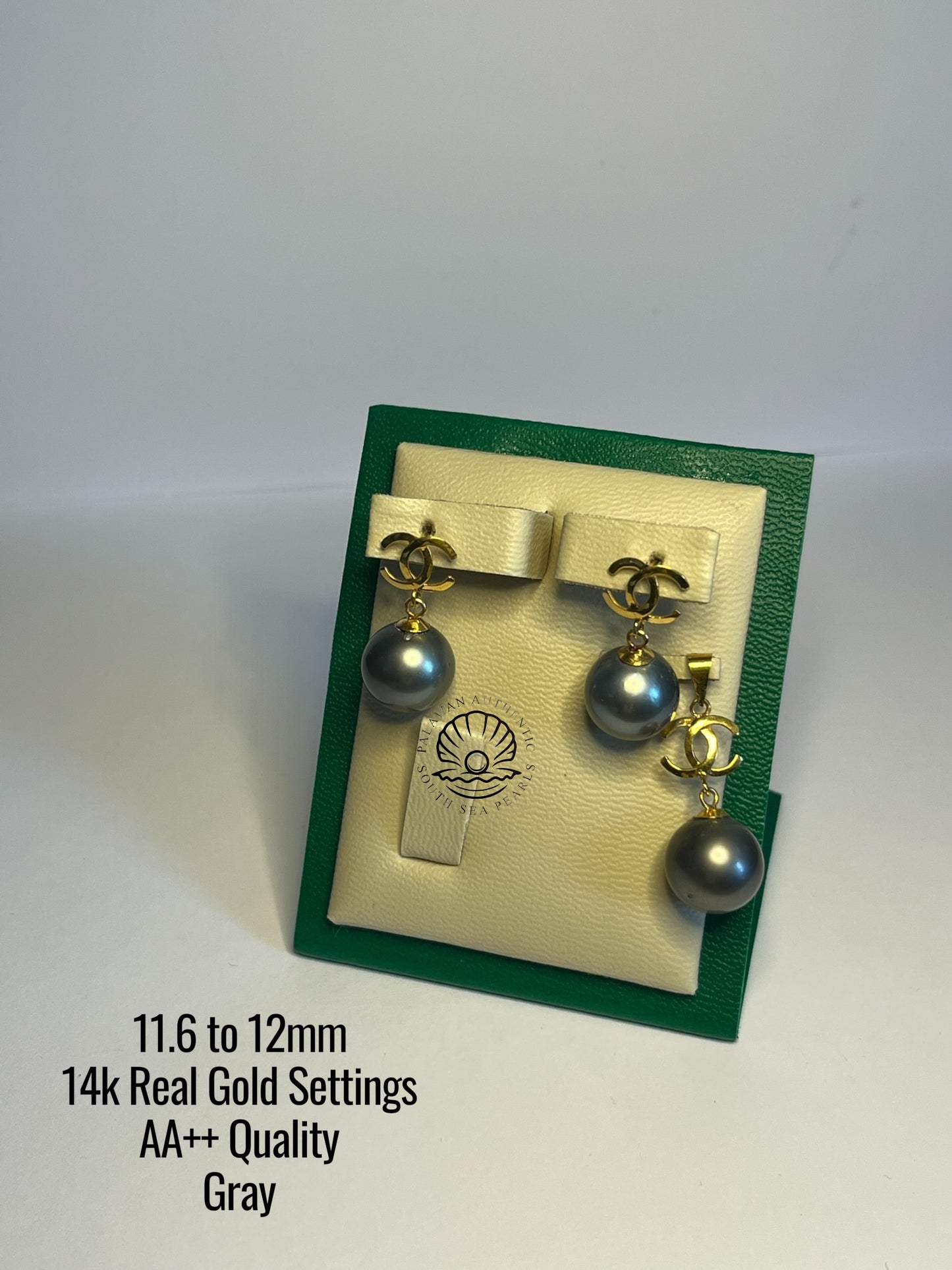 11.6 to 12mm Palawan Authentic Gray Color South Sea Pearl Sets in 14k Real Gold Settings