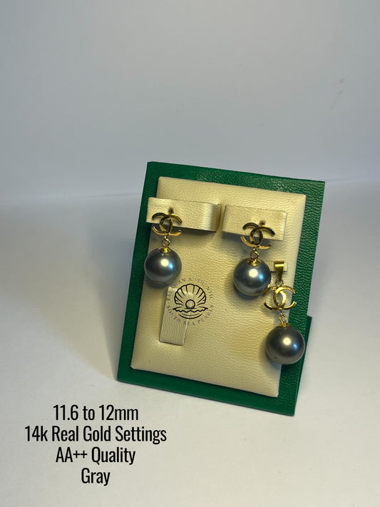11.6 to 12mm Palawan Authentic Gray Color South Sea Pearl Sets in 14k Real Gold Settings