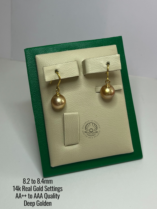 8.2 to 8.4mm Palawan Authentic Deep Golden Color South Sea Pearl in 14k Real Gold Settings