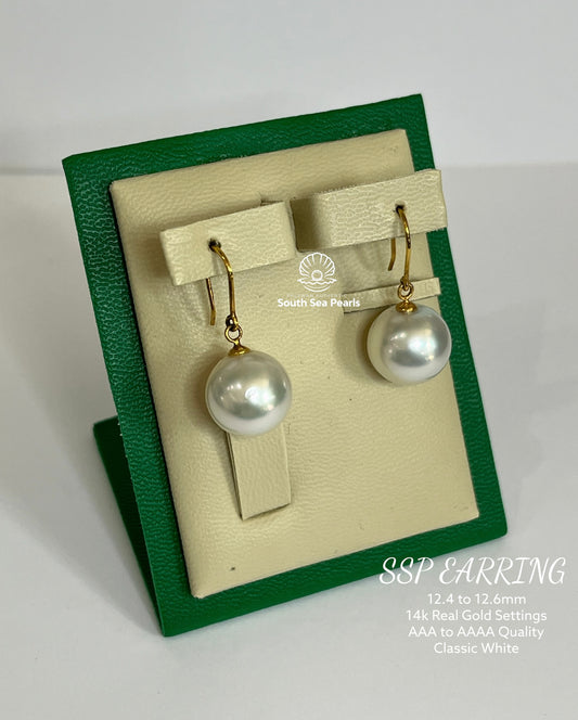 Newly Arrival! 12.4 to 12.6mm Palawan Authentic Classic White Color South Sea Pearl Earrings in 14k Real Gold Settings