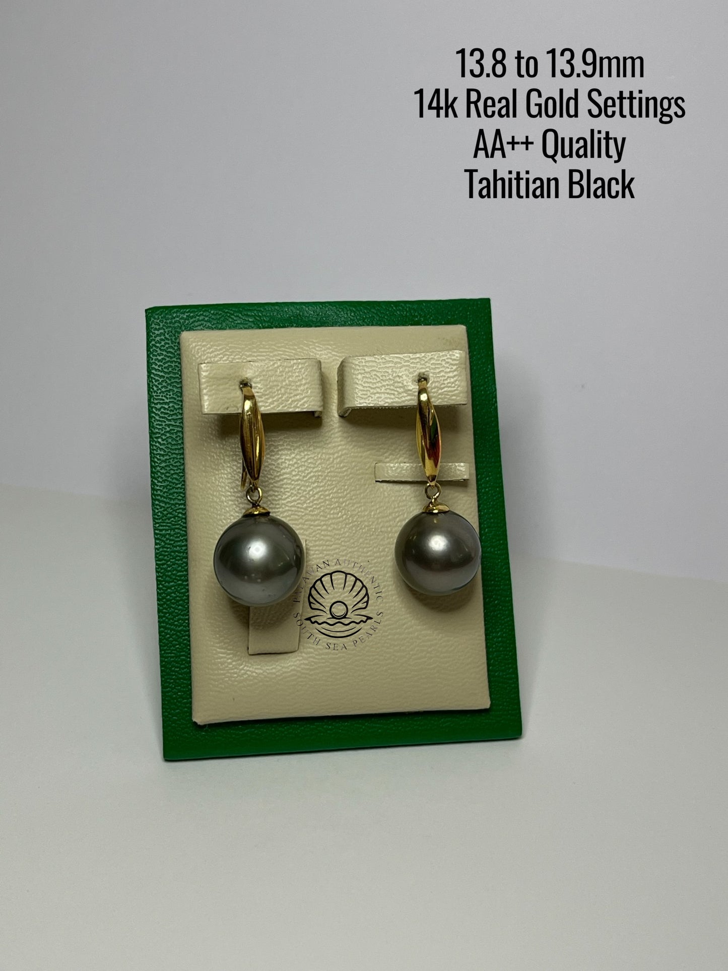 13.8 to 13.9mm Palawan Authentic Tahitian Black Color South Sea Pearl Earrings in 14k Real Gold Settings