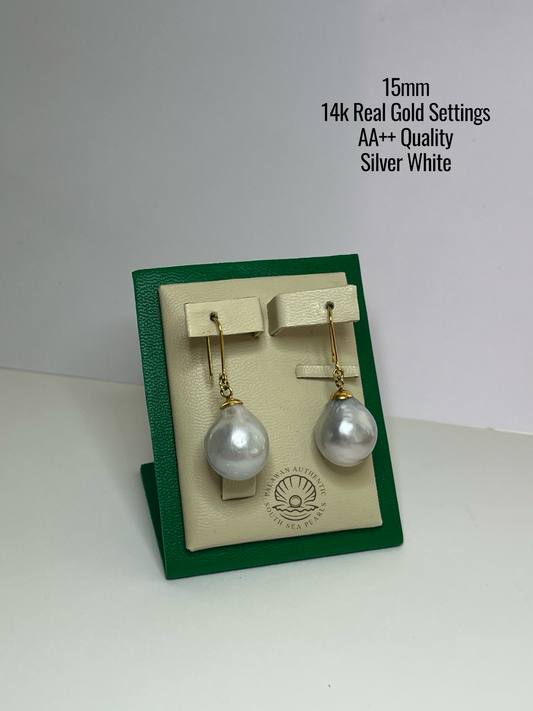 15mm Palawan Authentic Silver White Color South Sea Pearl in 14k Real Gold Settings