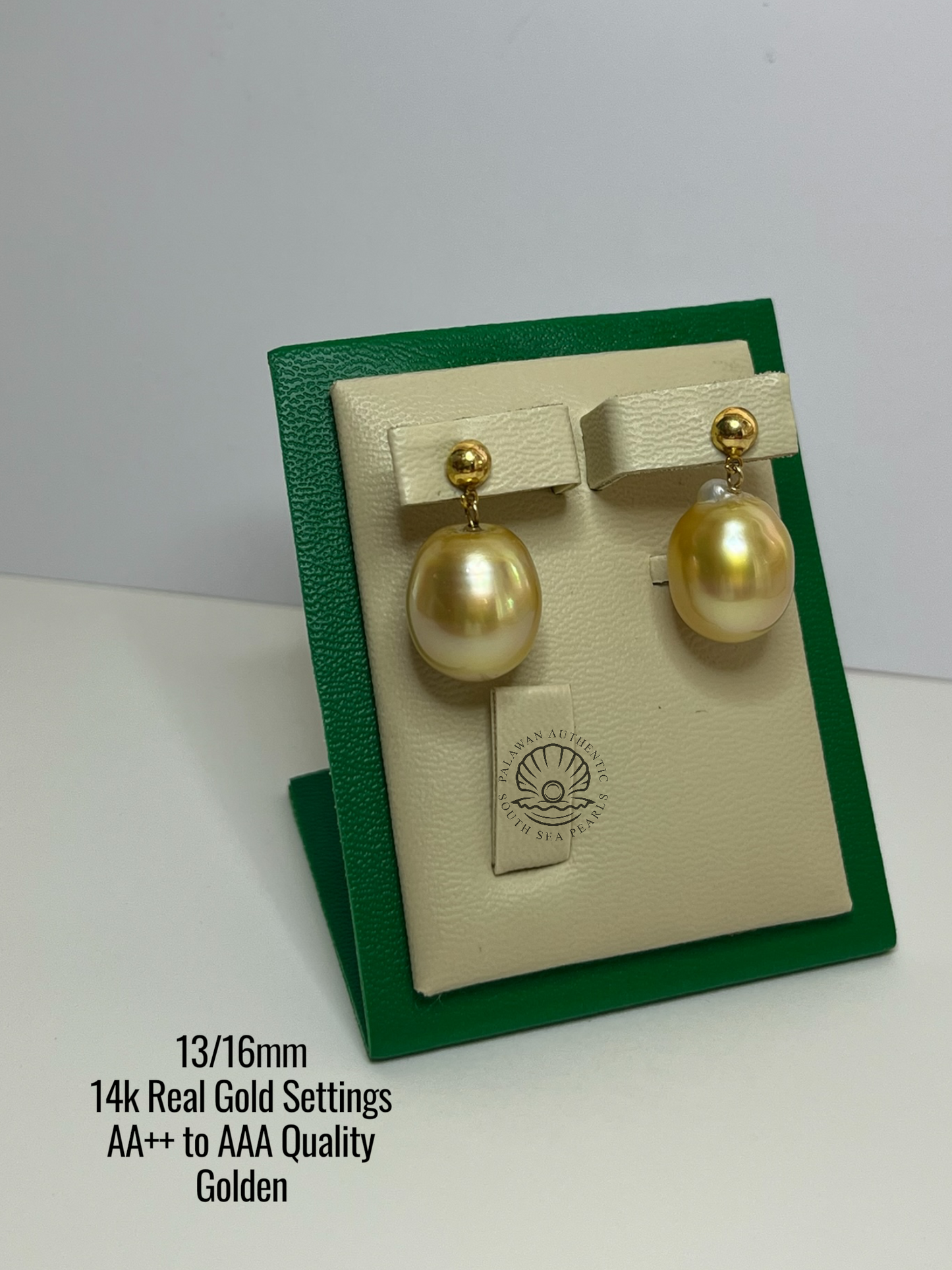 13/16mm Palawan Authentic Golden Color South Sea Pearl in 14k Real Gold Settings