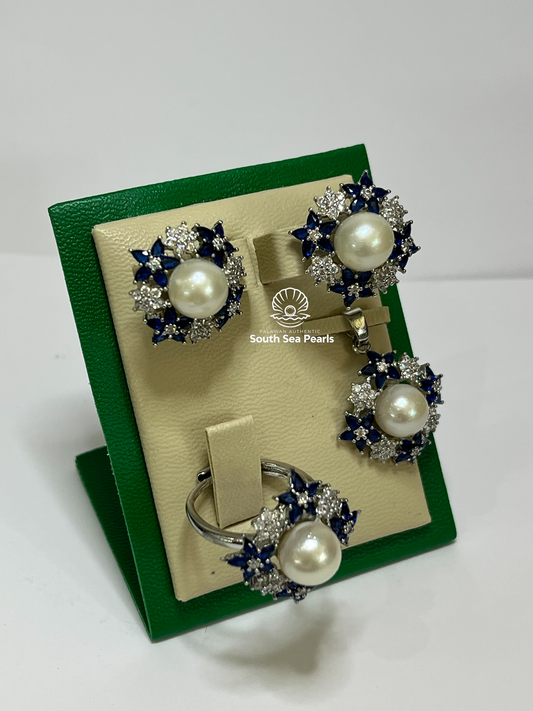 9 to 9.5mm Palawan Authentic White Color South Sea Pearl Sets in 5 Micron Plated Settings