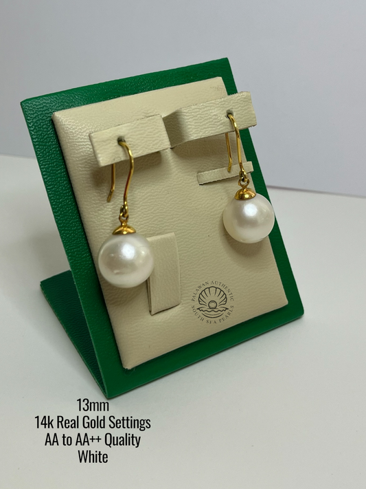 13mm Palawan Authentic White Color South Sea Pearl in 14k Real Gold Settings