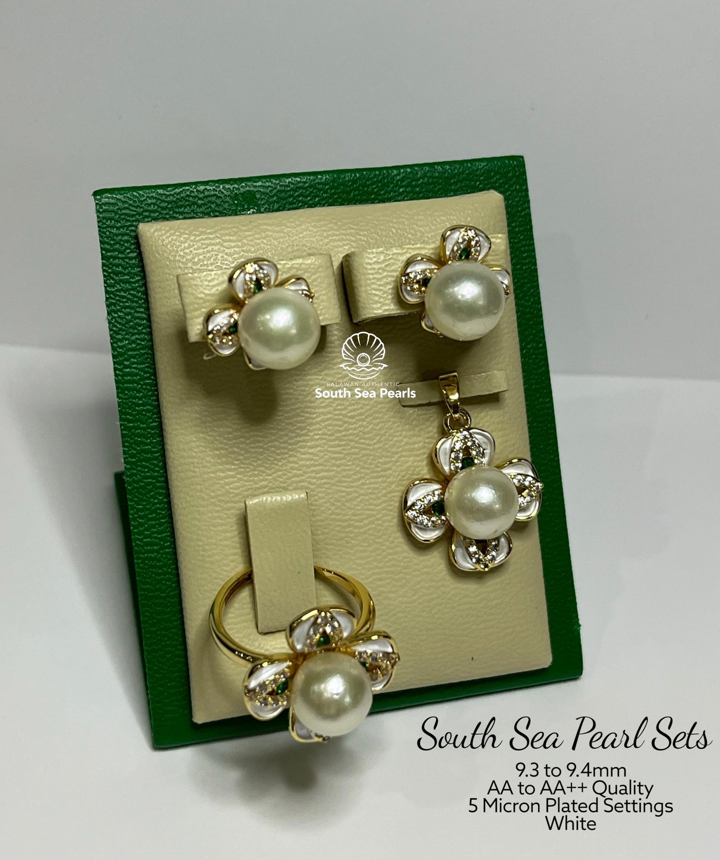9.3 to 9.4mm Palawan Authentic White Color South Sea Pearl Sets in 5 Micron Plated Settings