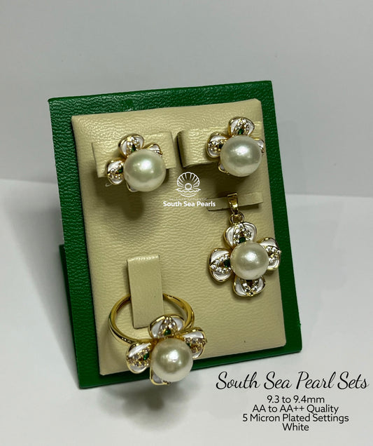9.3 to 9.4mm Palawan Authentic White Color South Sea Pearl Sets in 5 Micron Plated Settings
