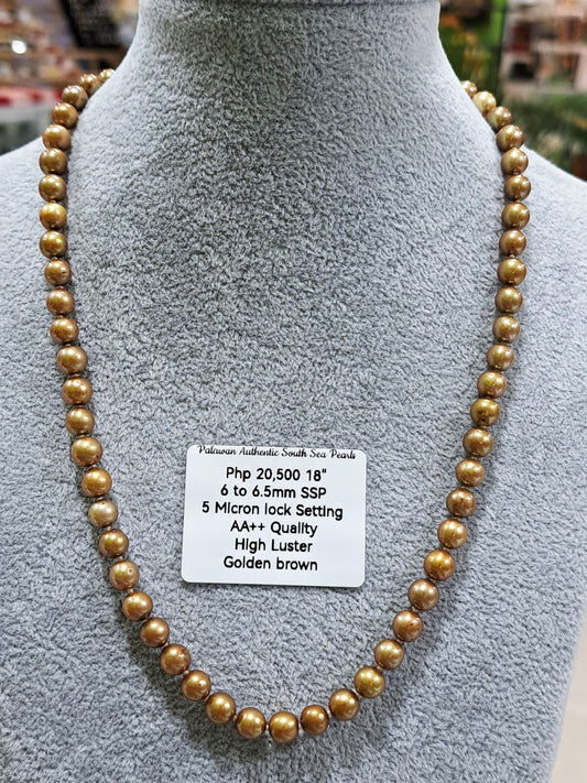 6mm to 6.5mm Authentic South Sea Pearls Golden Brown Choker Necklace in 5 Microns Settings