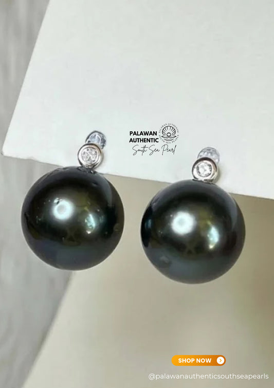 13.8mm to 14mm Palawan Authentic Tahitian Black Color South Sea Pearl in 14k Real Gold and Diamonds