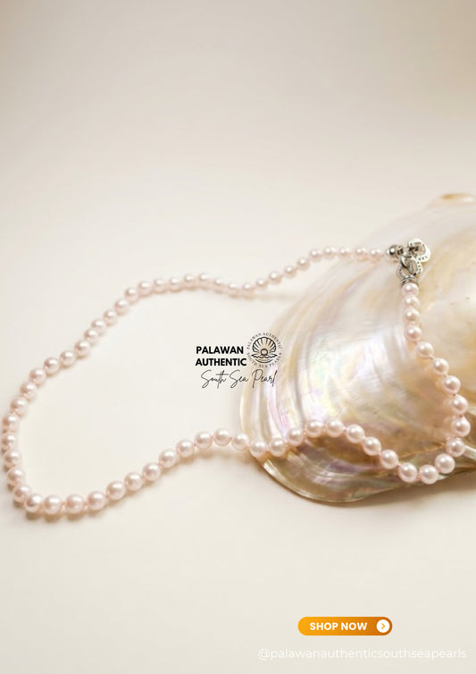 5.5mm to 6mm Palawan Authentic  Pinkish White Color South Sea Pearl Choker in 5 Micron Lock Settings