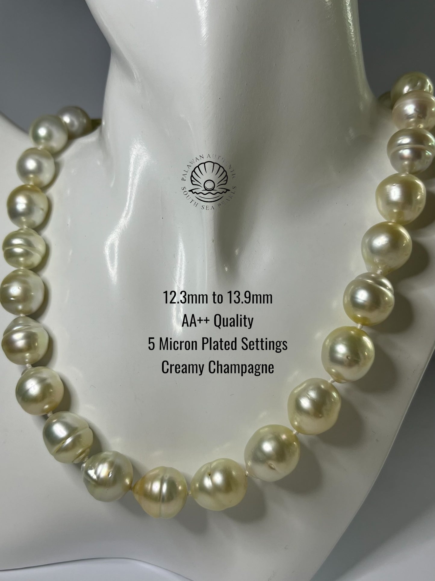12.3 to 13.9mm Palawan Authentic Creamy Champagne Color South Sea Pearl Choker in 5 Micron Lock Settings