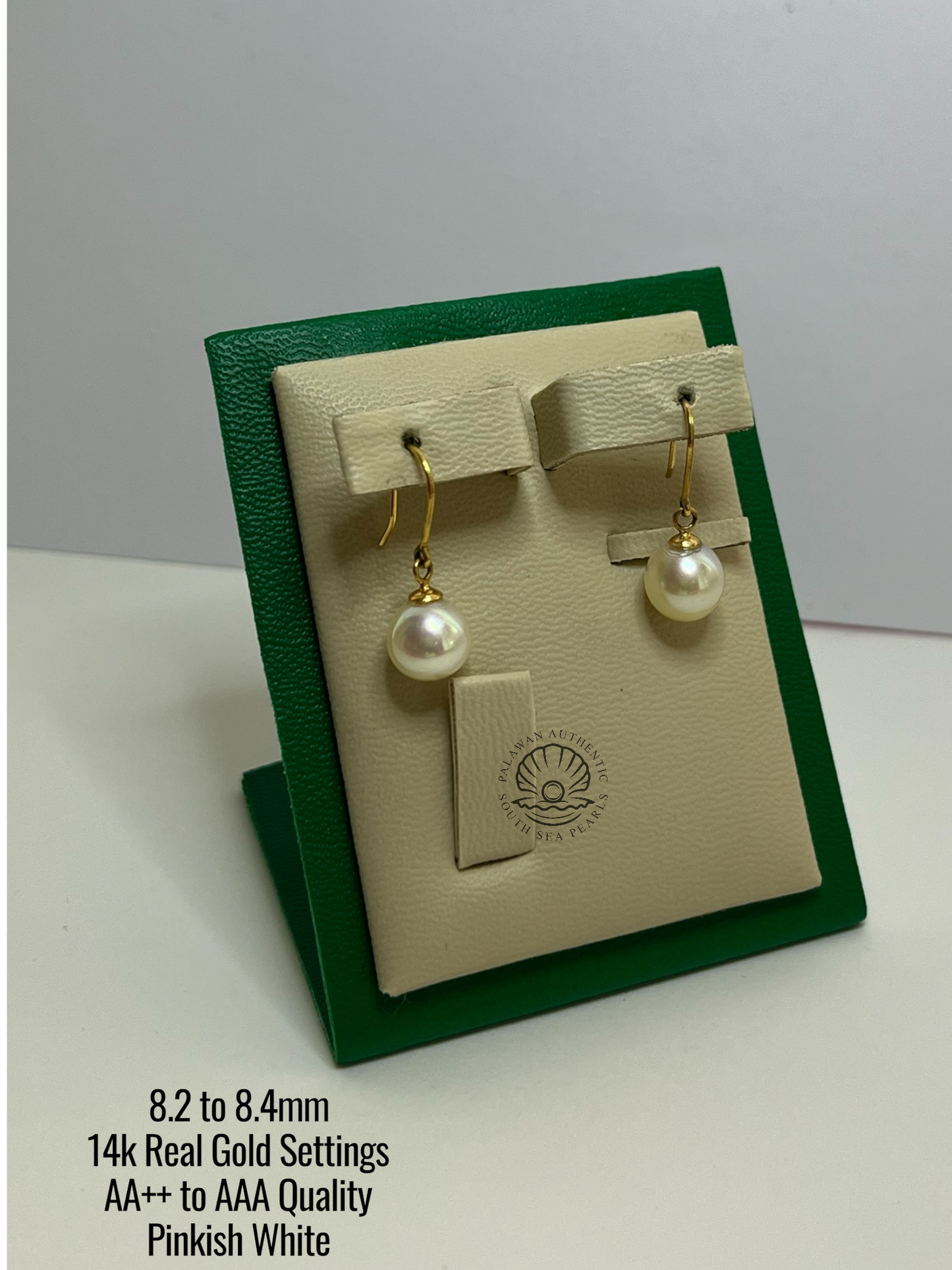 8.2 to 8.4mm Palawan Authentic Pinkish White Color South Sea Pearl Earrings in 14k Real Gold Settings