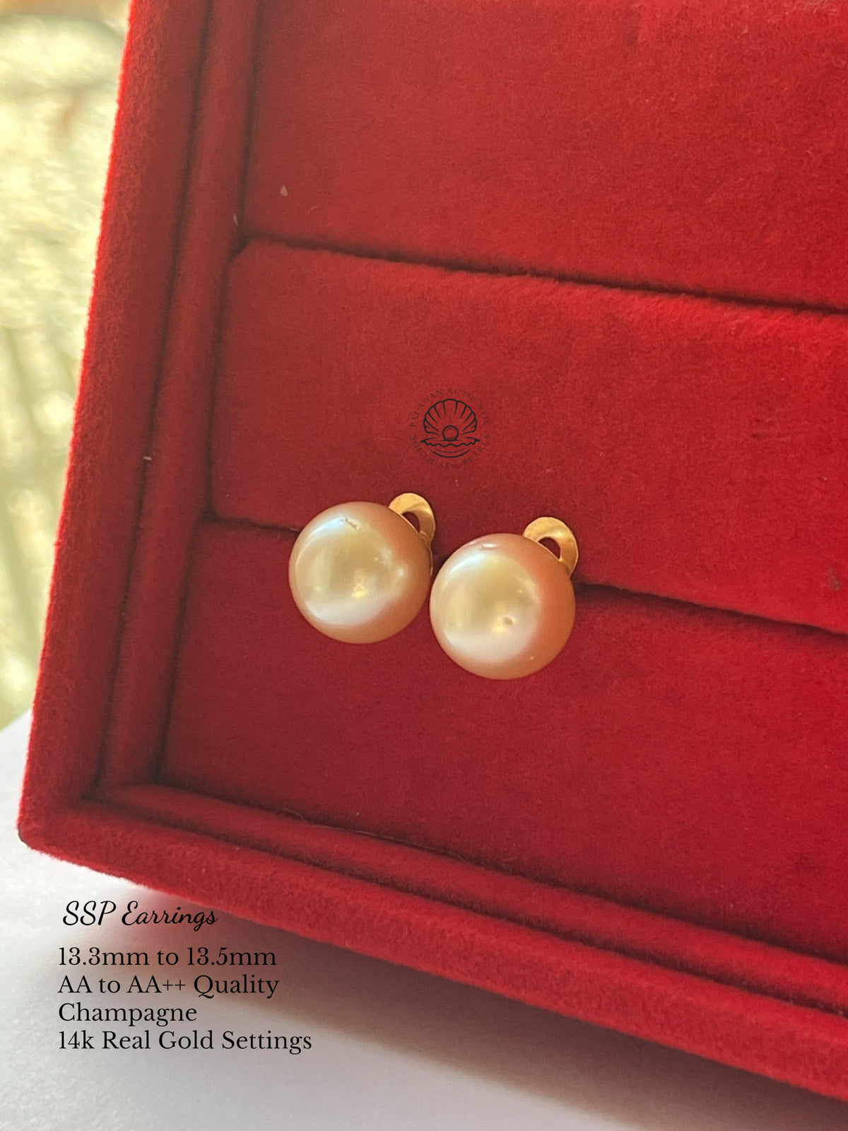 13.3 to 13.5mm Palawan Authentic Champagne Color South Sea Pearl Earrings in 14k Real Gold Settings