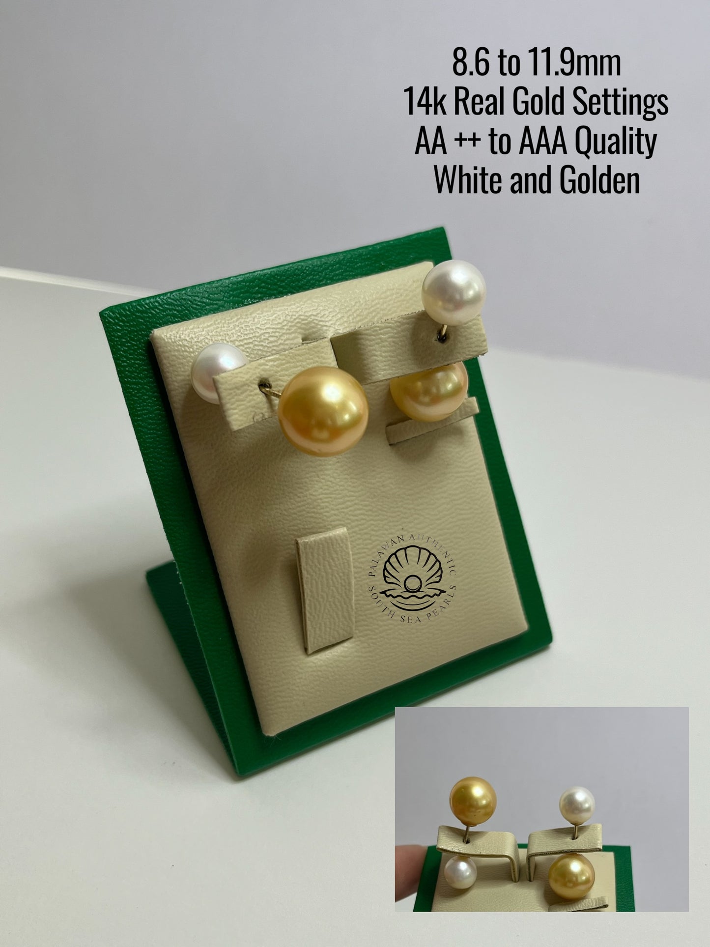 8.6 to 11.9mm Palawan Authentic White and Golden Color South Sea Pearl Earrings in 14k Real Gold Settings