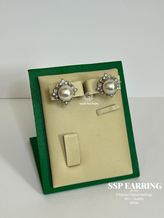 8.1mm Palawan Authentic White Color South Sea Pearl Earrings in 5 Micron Plated Settings