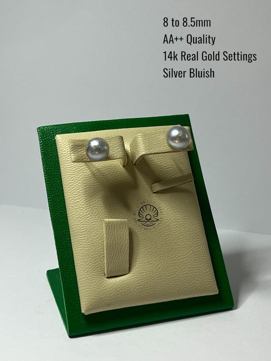 8 to 8.5mm Palawan Authentic Silver Bluish Color South Sea Pearl Earrings in 14k Real Gold Settings