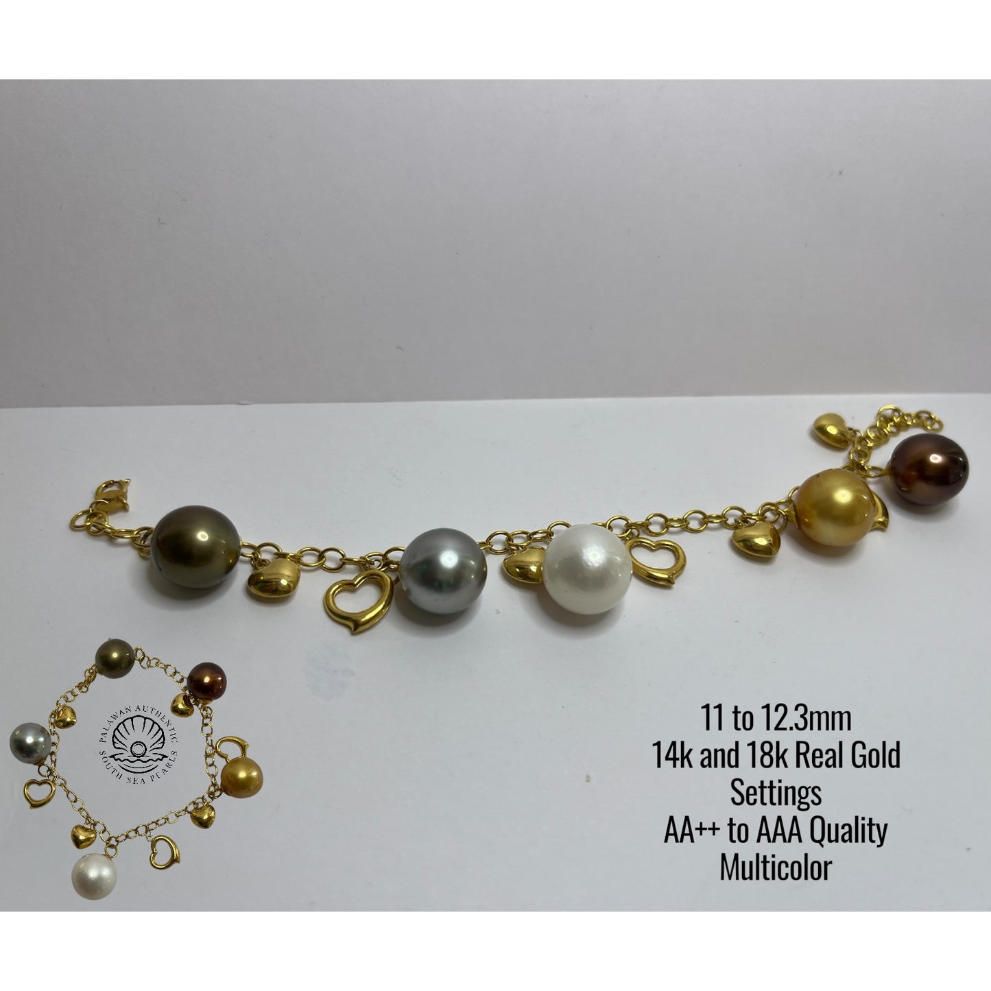11 to 12.2 Palawan Authentic Multi Color South Sea Pearl Bracelet in 14k and 18k Real Gold Settings