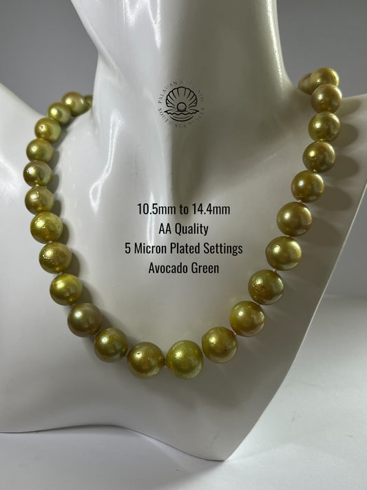 10.5 to 14.4mm Palawan Authentic Avocado Green Color South Sea Pearl Choker in 5 Micron Lock Settings