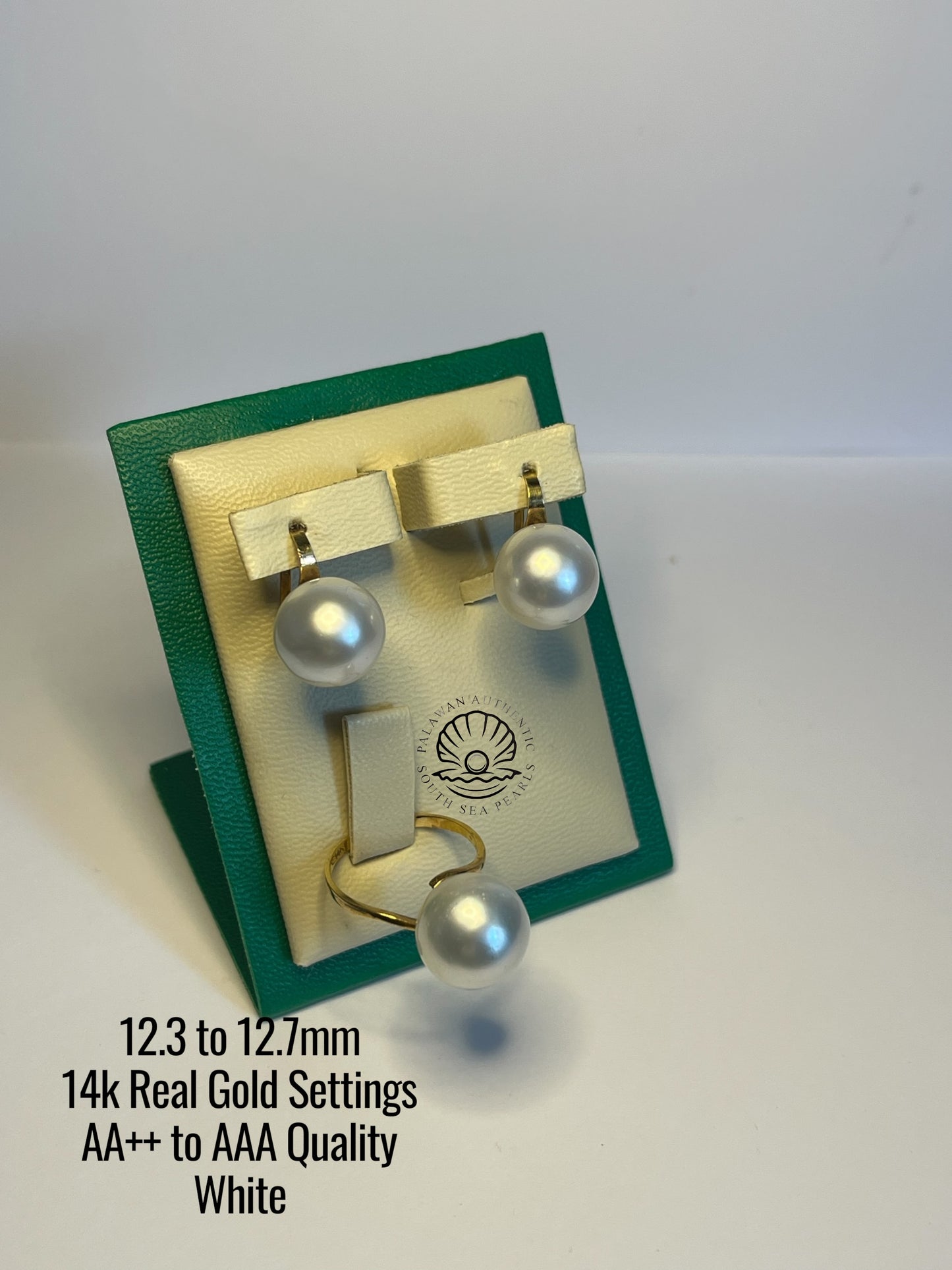 12.3 to 12.7mm Palawan Authentic White Color South Sea Pearl Sets in 14k Real Gold Settings