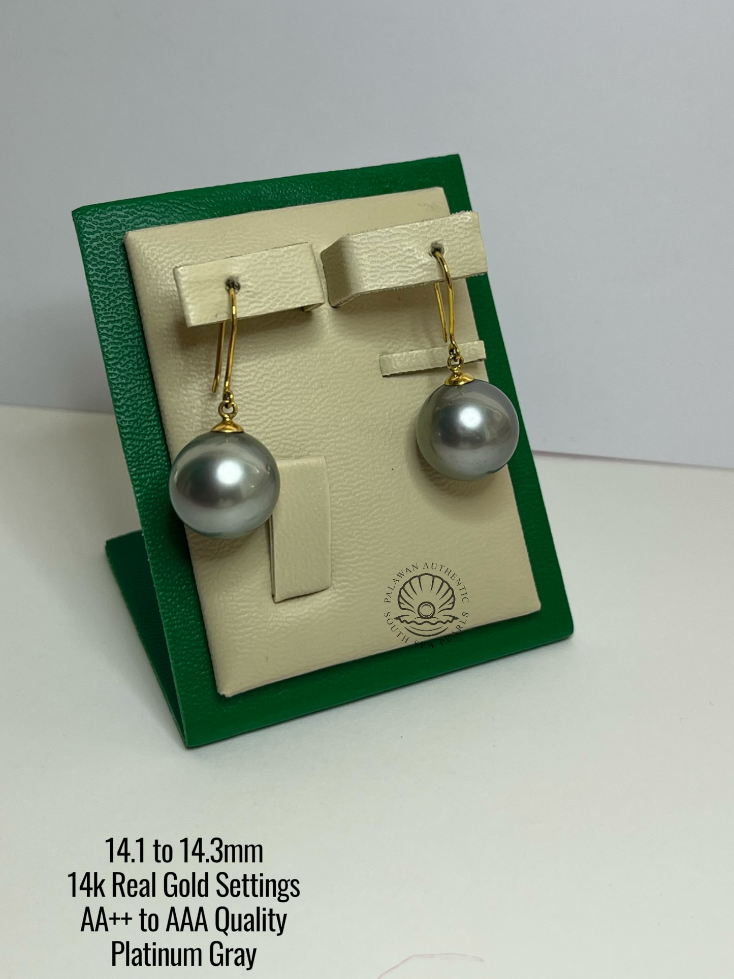 14.1 to 14.3mm Palawan Authentic Platinum Gray Color South Sea Pearl Earrings in 14k Real Gold Settings