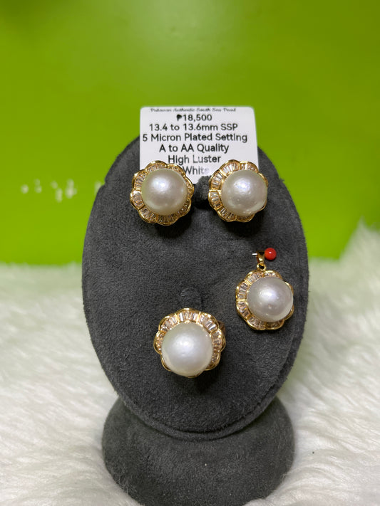 13.4 to 13.6mm Authentic White South Sea Pearl Set in 5 Micron Settings