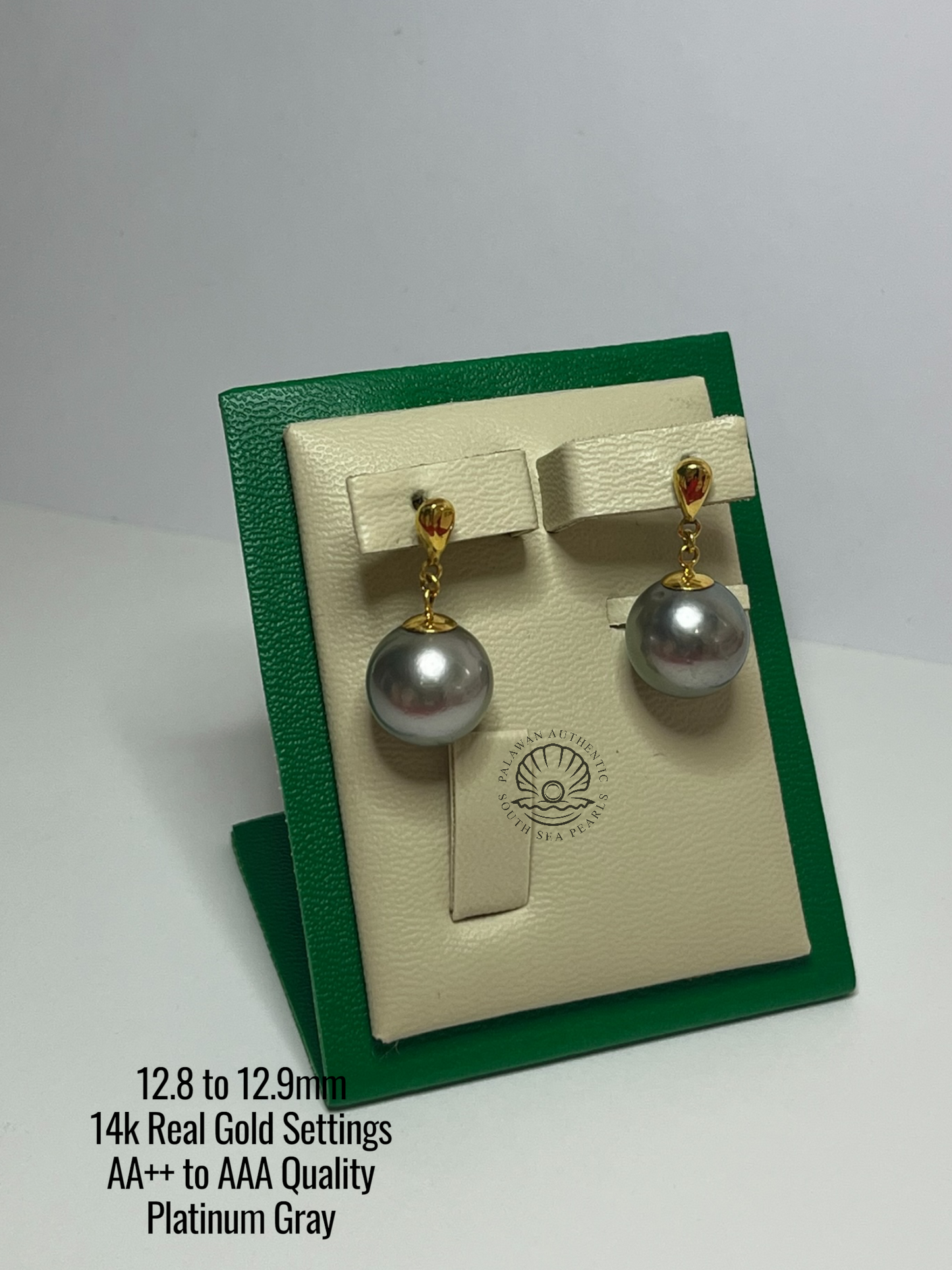 12.8 to 12.9mm Palawan Authentic Platinum Gray Color South Sea Pearl in 14k Real Gold Settings