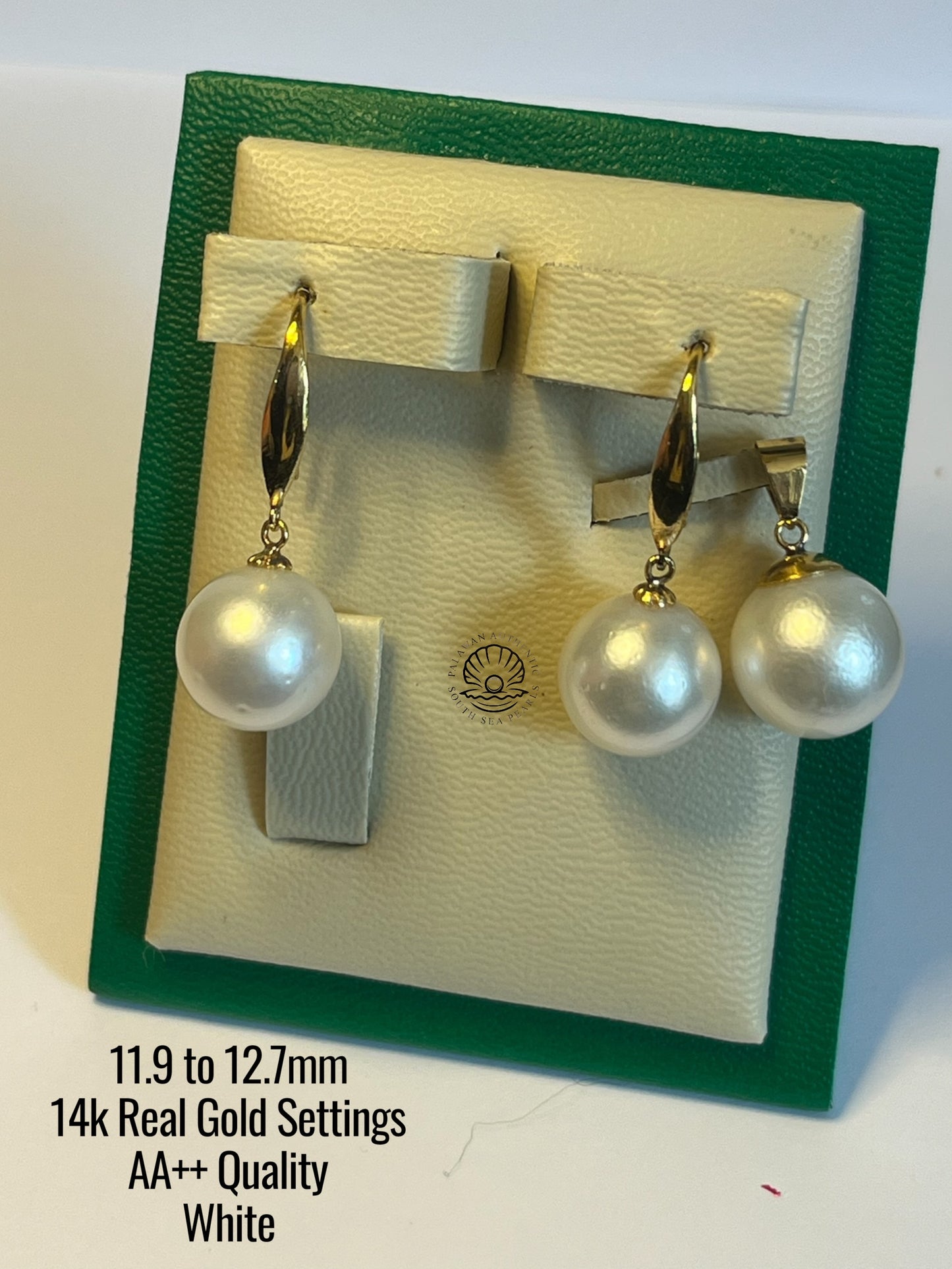 11.9 to 12.7mm Palawan Authentic White Color South Sea Pearl Sets in 14k Real Gold Settings