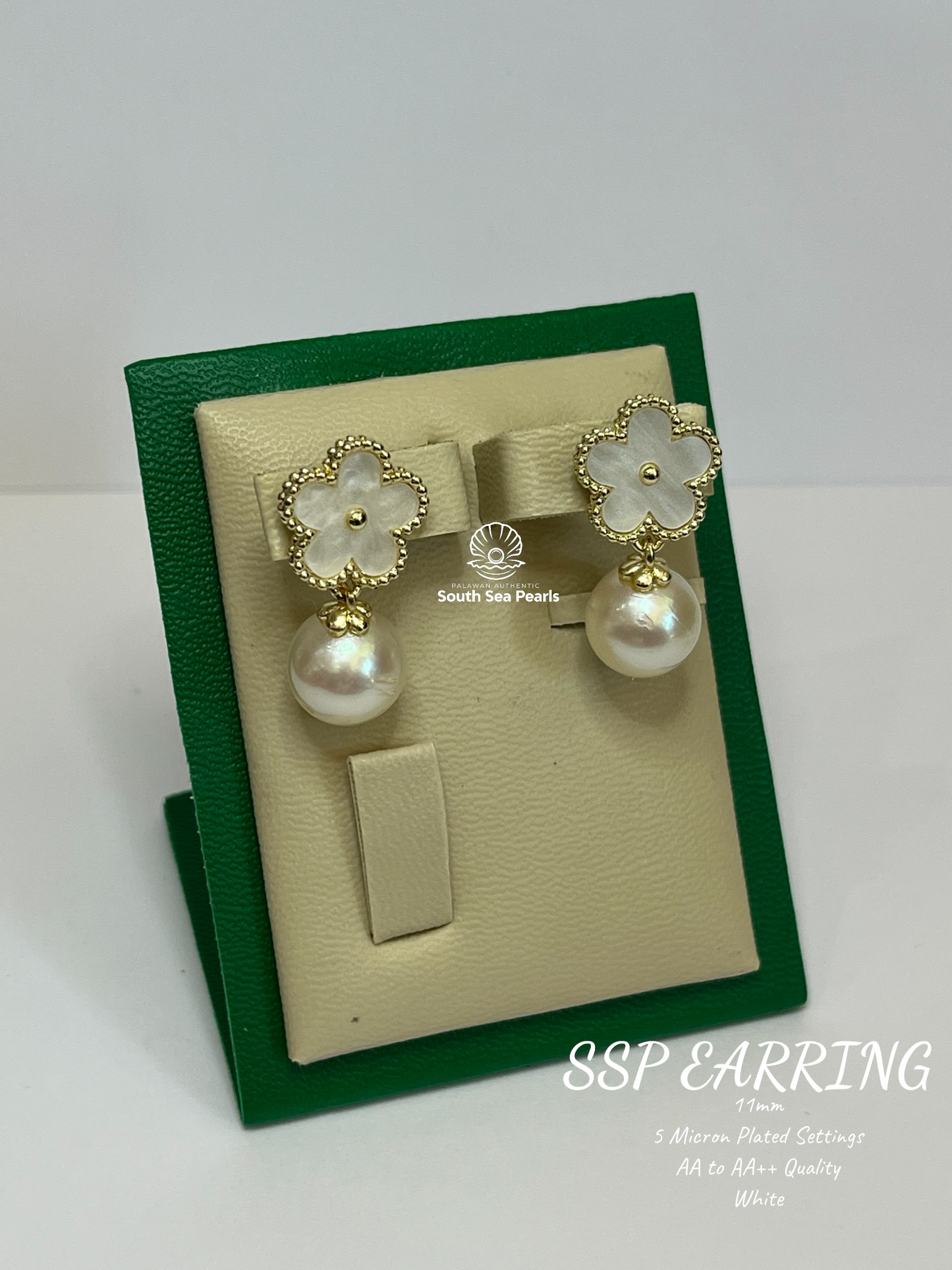 11mm Palawan Authentic White Color South Sea Pearl Earrings in 5 Micron Plated Settings