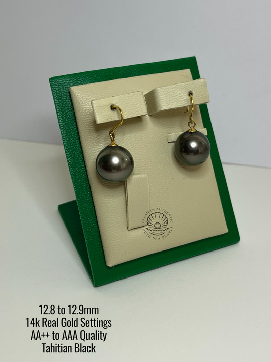 12.8 to 12.9mm Palawan Authentic Tahitian Black Color South Sea Pearl in 14k Real Gold Settings