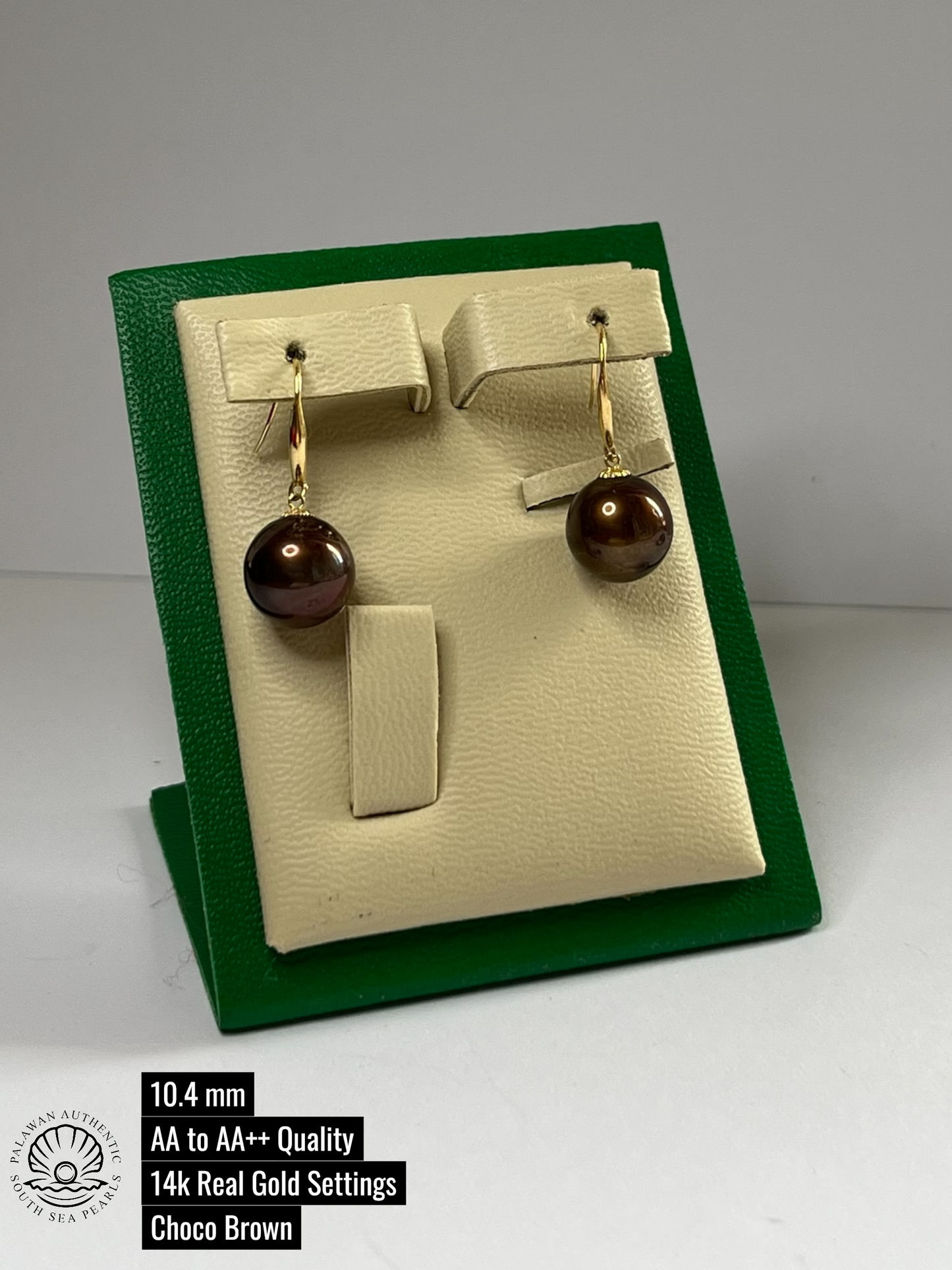 10.4mm Palawan Authentic Choco Brown Color South Sea Pearl Earrings in 14k Real Gold Settings