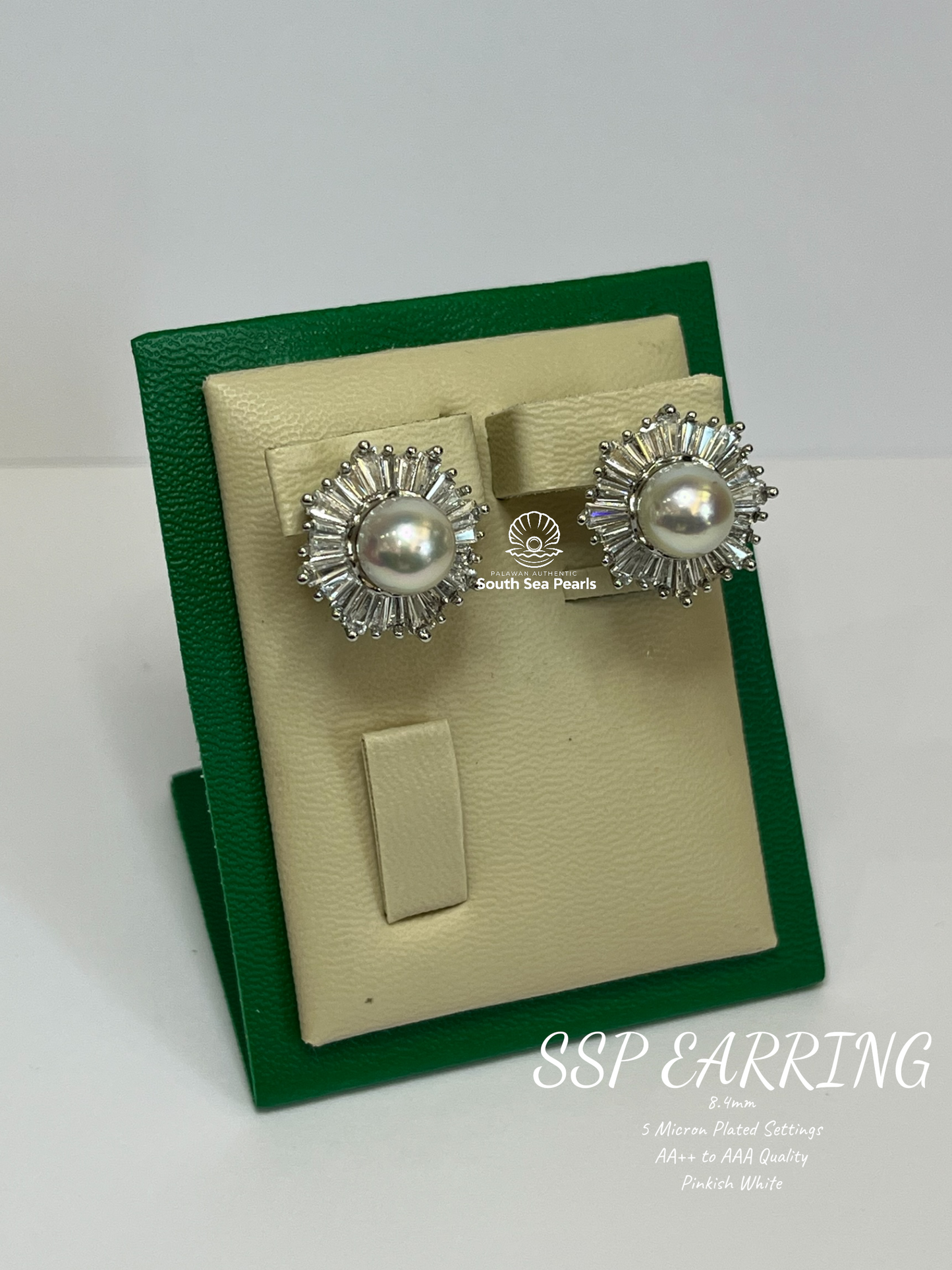 8.4mm Palawan Authentic Pinkish White Color South Sea Pearl Earrings in 5 Micron Plated Settings
