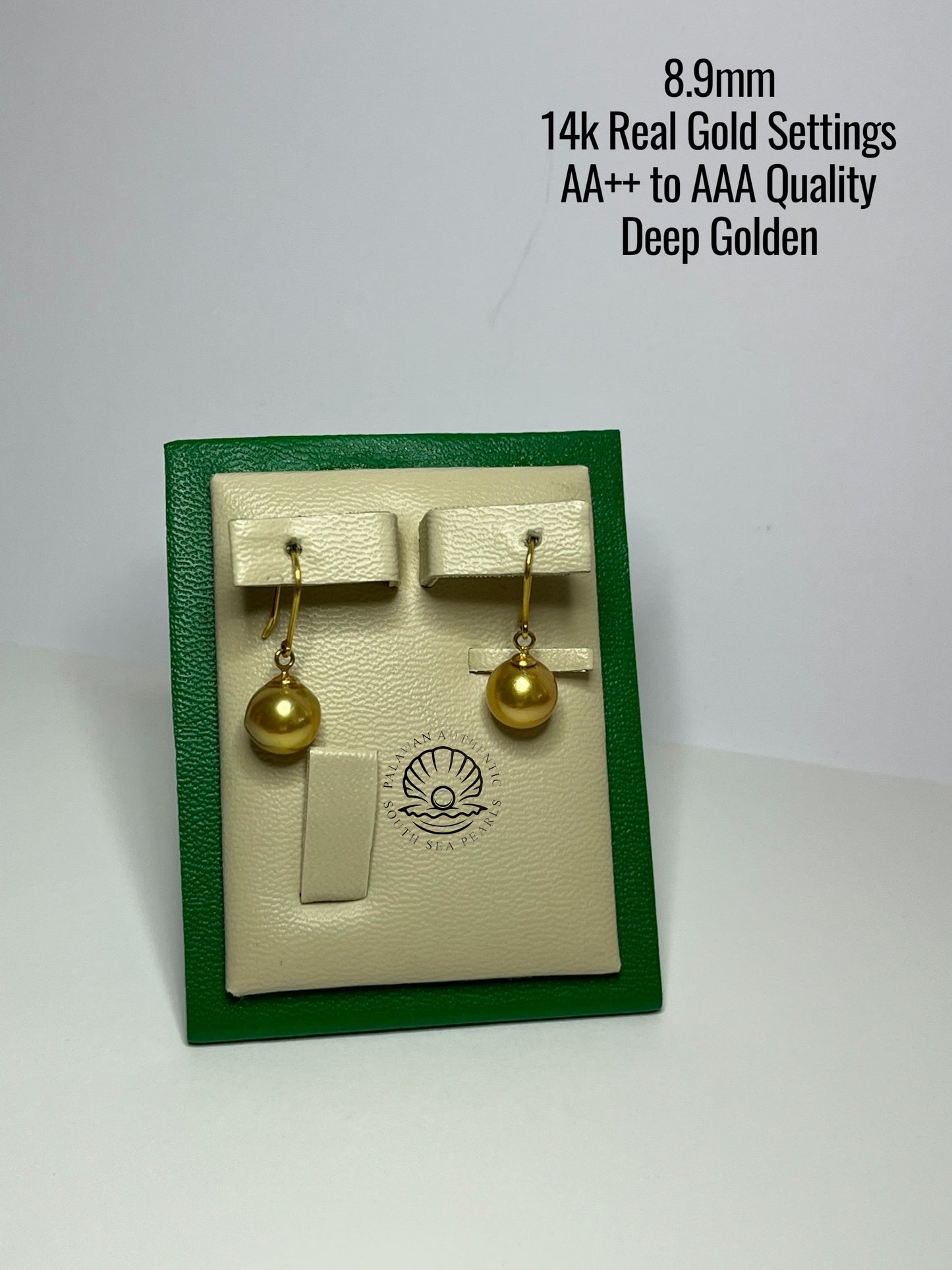 8.9mm Palawan Authentic Deep Golden Color South Sea Pearl Earrings in 14k Real Gold Settings