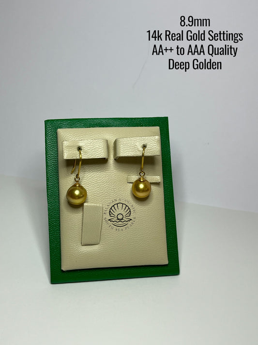 8.9mm Palawan Authentic Deep Golden Color South Sea Pearl Earrings in 14k Real Gold Settings