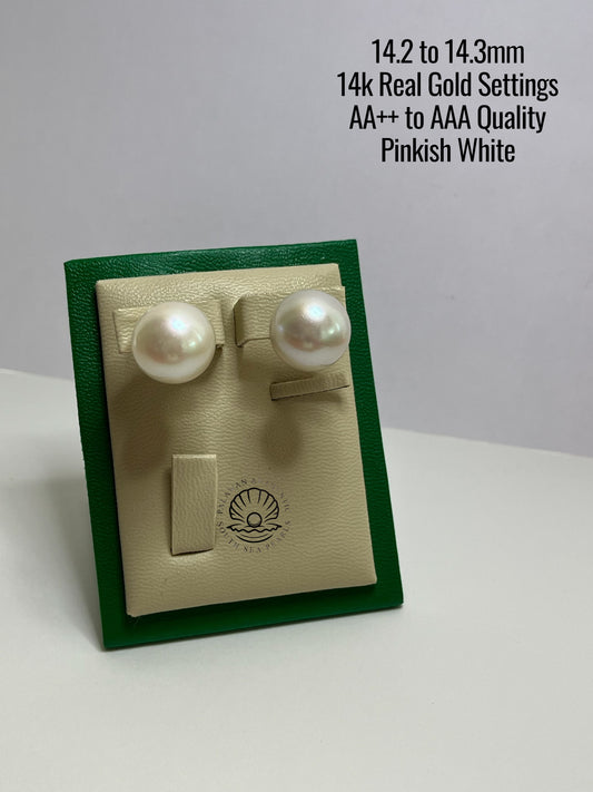 14.2 to 14.3mm Palawan Authentic Pinkish White Color South Sea Pearl Earrings in 14k Real Gold Settings