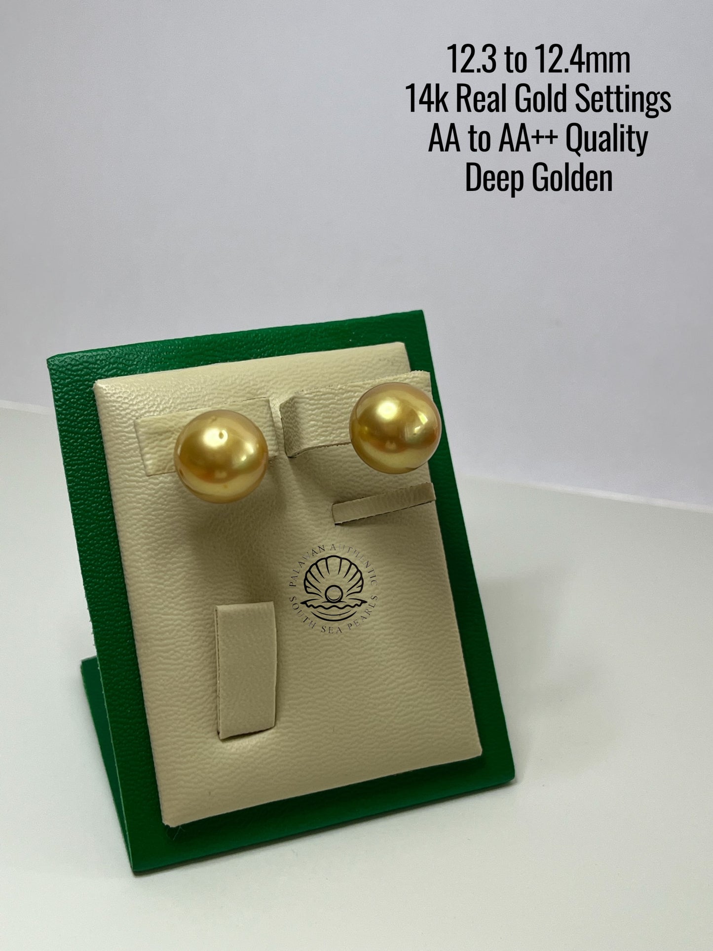 12.3 to 12.4mm Palawan Authentic Deep Golden Color South Sea Pearl Earrings in 14k Real Gold Settings