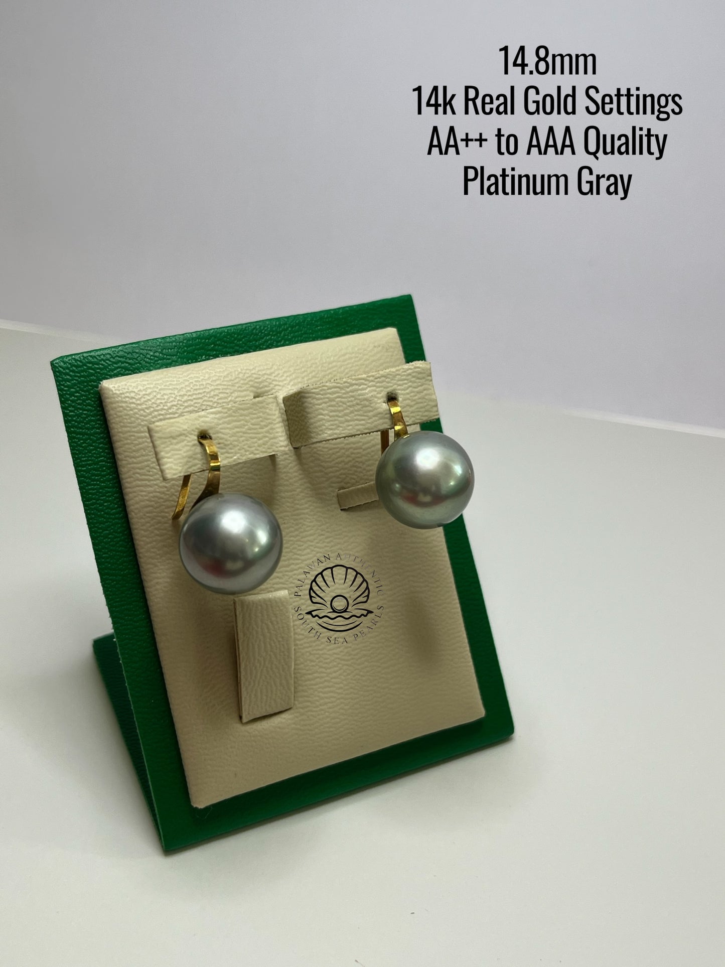 14.8mm Palawan Authentic Platinum Gray Color South Sea Pearl Earrings in 14k Real Gold Settings