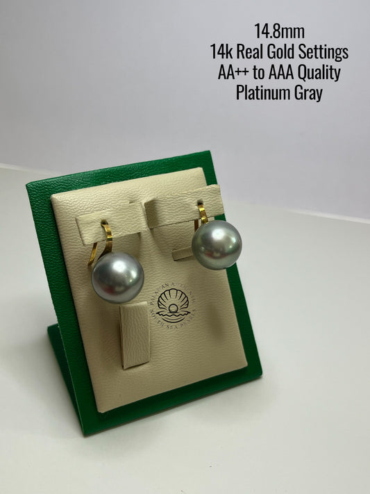 14.8mm Palawan Authentic Platinum Gray Color South Sea Pearl Earrings in 14k Real Gold Settings